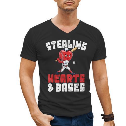 Boys Baseball Valentines Shirt Sterling Hearts Baseball Men's V-Neck T-Shirt - Sportilla
