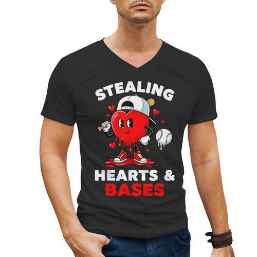 Boys Valentines Baseball Drip Icecream Stealing Hearts Kids Men's V-Neck T-Shirt - Sportilla