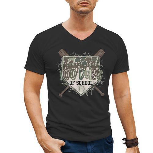 Camo 100 Days Of School Baseball Home Plate Drip Boy Kids Men's V-Neck T-Shirt - Sportilla