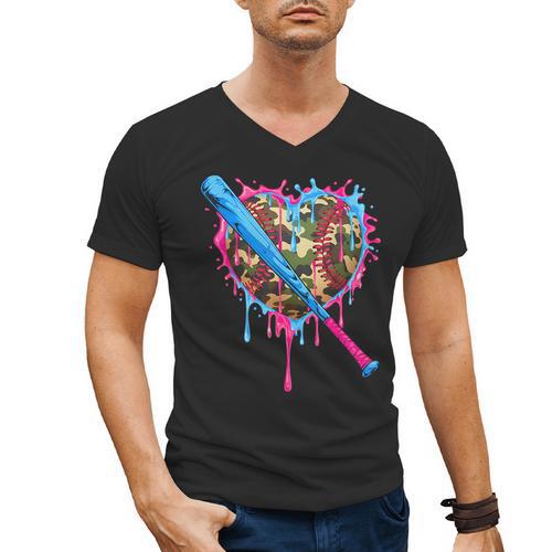 Camo Baseball Heart Drip Valentine Baseball Icecream Boys Men's V-Neck T-Shirt - Sportilla