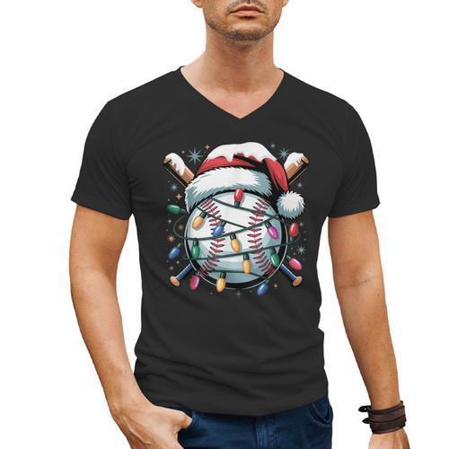 Christmas Baseball Boy Youth Kid Men Santa Hat Xmas Baseball Men's V-Neck T-Shirt - Sportilla