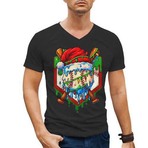Christmas Baseball Ice Cream Drip Santa Baseball Player Kids Men's V-Neck T-Shirt - Sportilla