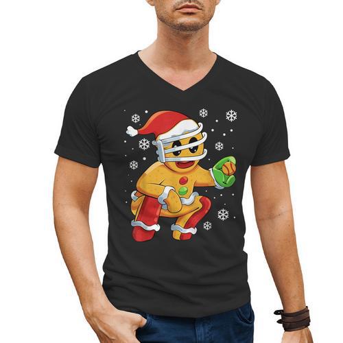 Christmas Gingerbread Man Baseball Player Catcher Men's V-Neck T-Shirt - Sportilla