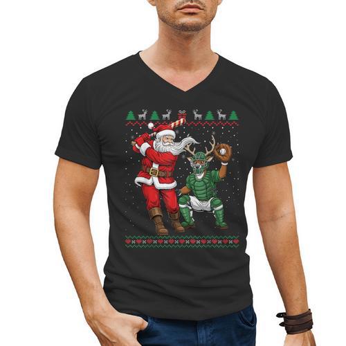 Christmas Santa Baseball Ugly Sweater Men's V-Neck T-Shirt - Sportilla