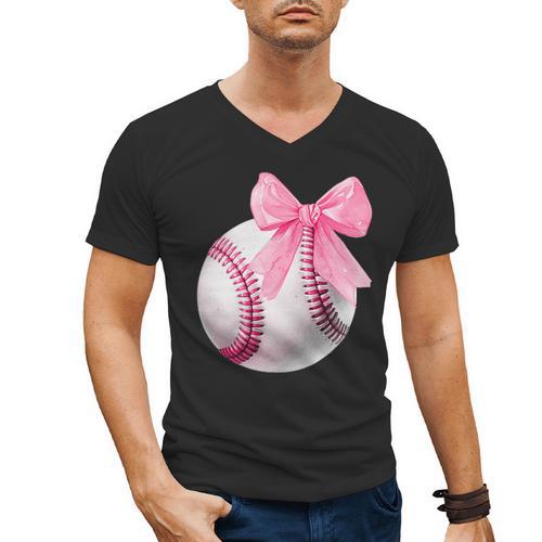 Cute Coquette Baseball Pink Bow Player & Fan Girls Men's V-Neck T-Shirt - Sportilla