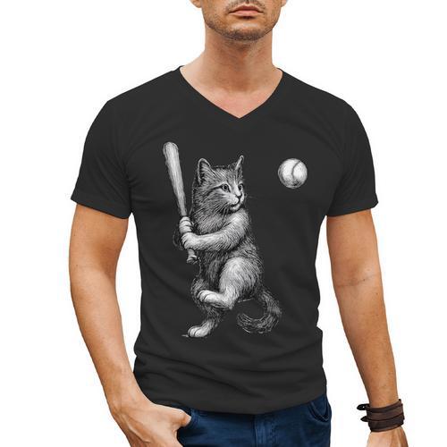 Cute Kitten Playing Baseball Hitter Bat Cool Baseball Cat Men's V-Neck T-Shirt - Sportilla