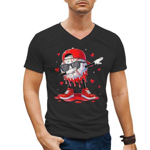 Dabbing Baseball Drip Ice Cream Youth Boy Valentines Day Men's V-Neck T-Shirt - Sportilla