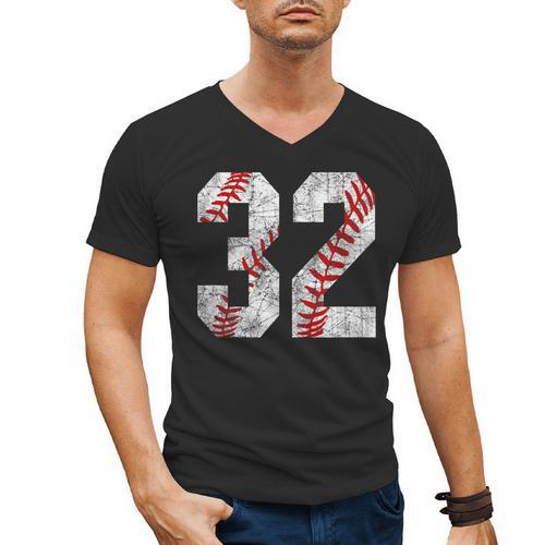 Distressed Baseball Number 32 Jersey Uniform Player Fan Men's V-Neck T-Shirt - Sportilla