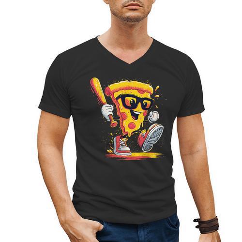 Drippy Pizza Baseball Slice Cartoon Sports Food Men's V-Neck T-Shirt - Sportilla