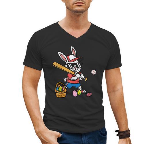 Easter Bunny Baseball Player Batter Rabbit Boys Kids Men Men's V-Neck T-Shirt - Sportilla