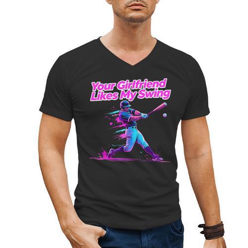 Your Girlfriend Likes My Swing Baseball Quote Boys Men Men's V-Neck T-Shirt - Sportilla