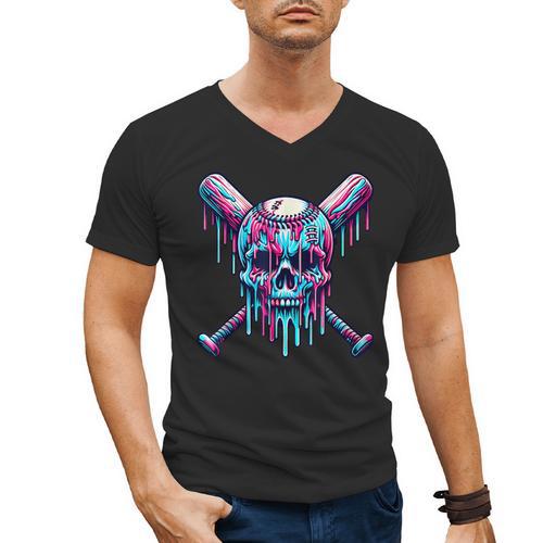 Halloween Baseball Skull Drip Baseball Lifestyle Boy Men Men's V-Neck T-Shirt - Sportilla