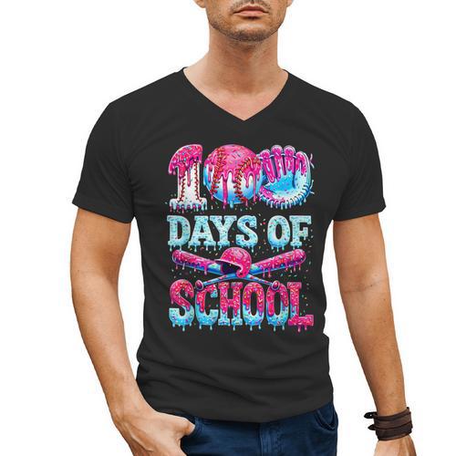 Happy 100 Days Of School Game Day Baseball Ice Cream Drip Men's V-Neck T-Shirt - Sportilla