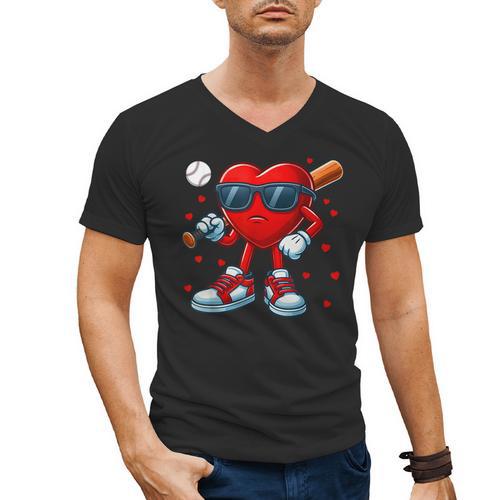 Heart Love Baseball Valentine Outfit Men Boy Men's V-Neck T-Shirt - Sportilla