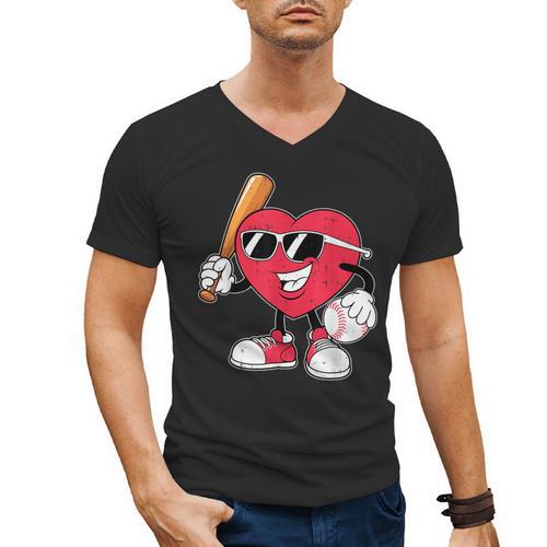 Heart Play Baseball Valentine's Day Teens Boys Girls Kids Men's V-Neck T-Shirt - Sportilla