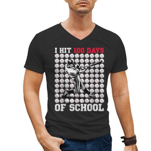 I Hit 100 Days Of School Baseball 100th Day Boys Kids Men's V-Neck T-Shirt - Sportilla