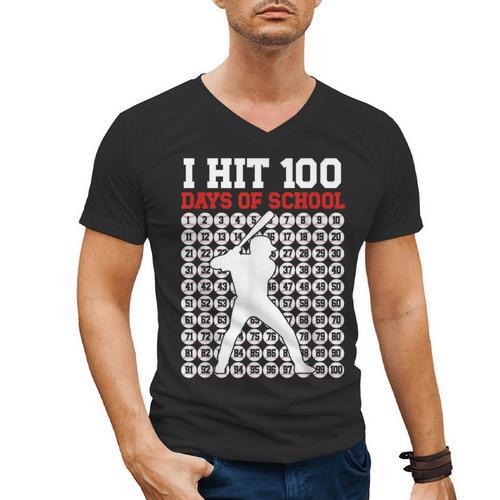 I Hit 100 Days Of School Baseball 100 Day Of School Men's V-Neck T-Shirt - Sportilla