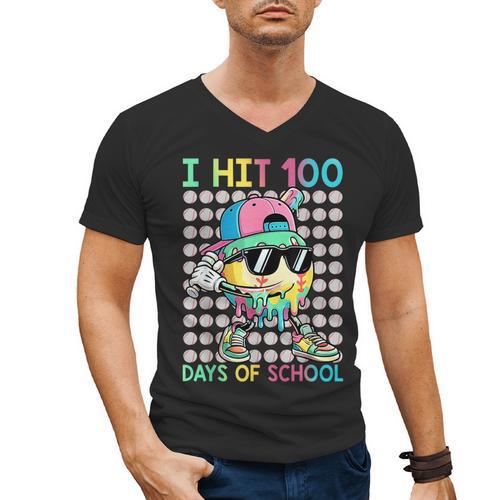 I Hit 100 Days Of School Baseball Drip 100th Day Of School Men's V-Neck T-Shirt - Sportilla