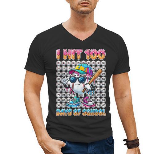 I Hit 100 Days Of School Baseball Ice Cram Drip 100th Boys Men's V-Neck T-Shirt - Sportilla