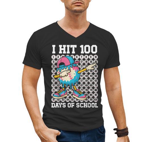 I Hit 100 Days Of School Baseball Ice Cream Drip Boys Girls Men's V-Neck T-Shirt - Sportilla