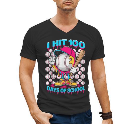 I Hit 100 Days Of School Baseball Ice Cream Drip Men's V-Neck T-Shirt - Sportilla