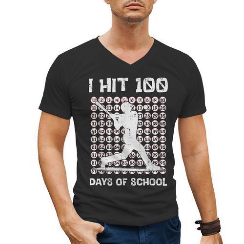 I Hit 100 Days Of School Baseball Player 100th Day Boys Kids Men's V-Neck T-Shirt - Sportilla