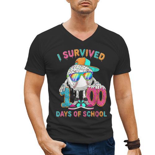 HUGvyn I Survived 100 Days Of School Baseball 6 7 Ice Cream Men's V-Neck T-Shirt - Sportilla