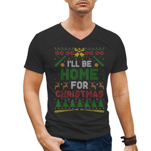 I’Ll Be Home For Christmas Baseball Ugly Sweater Men's V-Neck T-Shirt - Sportilla