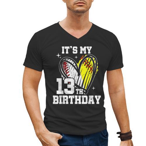 It's My 13th Birthday Baseball Softball Heart 13 Year Old Men's V-Neck T-Shirt - Sportilla