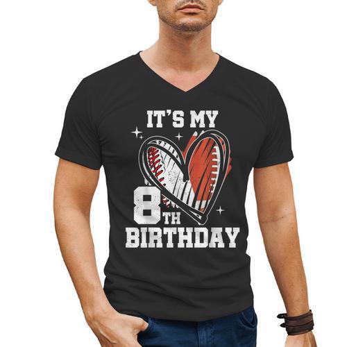 It's My 8th Birthday Baseball Football Heart 8 Year Old Men's V-Neck T-Shirt - Sportilla
