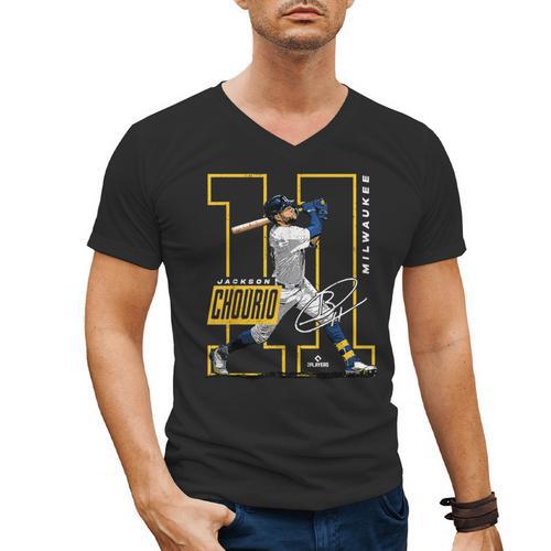 Jackson Chourio Milwaukee MLB Baseball Player MLBJCH202M Men's V-Neck T-Shirt - Sportilla