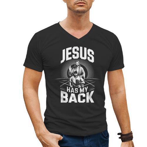 Jesus Has My Back Baseball Faith Motivation Tee Christian Men's V-Neck T-Shirt - Sportilla