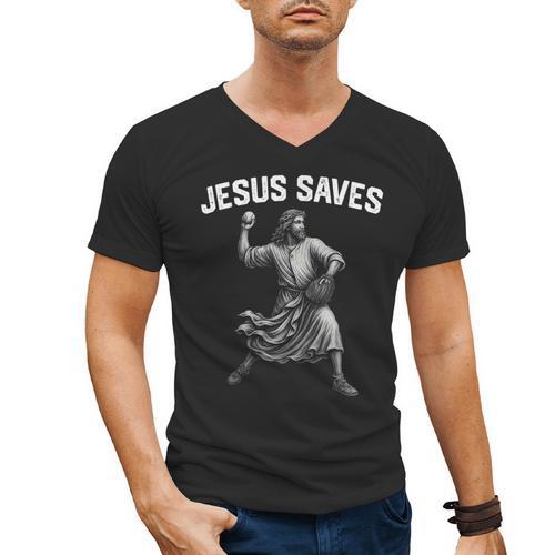 Jesus Saves Shirt Religious Christian Faith Baseball Men's V-Neck T-Shirt - Sportilla