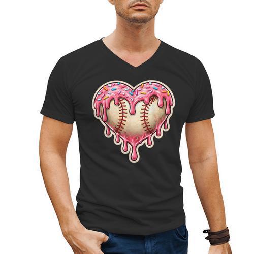 Melting Baseball Drip Heart Softball Player Lover Ice Cream Men's V-Neck T-Shirt - Sportilla