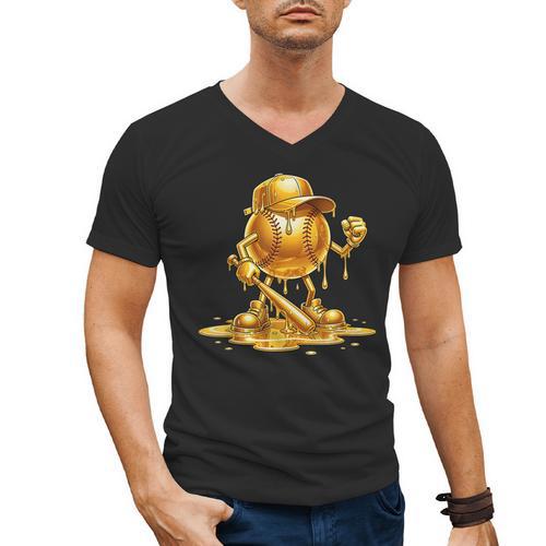 Melting Baseball Mascot Slugger Bat Cap Cartoon Men's V-Neck T-Shirt - Sportilla