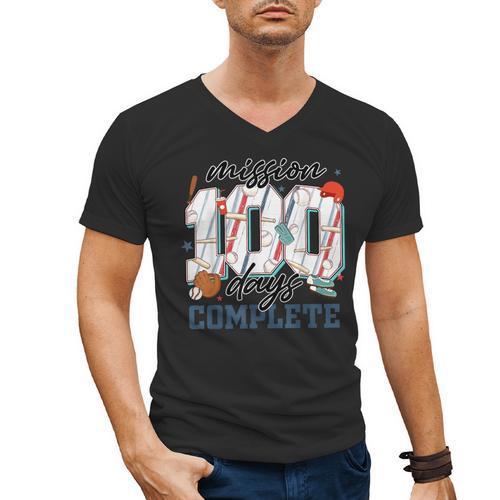 Mission 100 Days Complete Baseball 100th Day Of School Boys Men's V-Neck T-Shirt - Sportilla