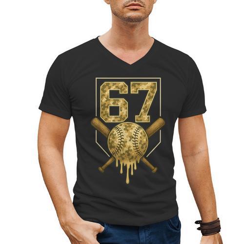 Number 67 Baseball Drip Camo Six Seven Meme Boys Kids Men's V-Neck T-Shirt - Sportilla