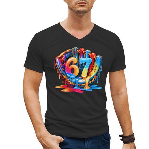 Number 67 Baseball Glove Ice Cream Drip Six Seven Meme Men's V-Neck T-Shirt - Sportilla
