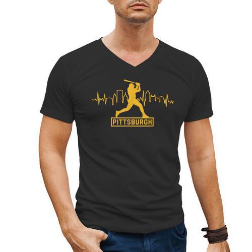 Pittsburgh Lovers Skyline Retro Baseball Heartbeat Men Women Men's V-Neck T-Shirt - Sportilla