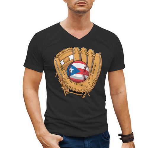Puerto Rican Flag Baseball Player Boricua Pride Beisbol PR Men's V-Neck T-Shirt - Sportilla