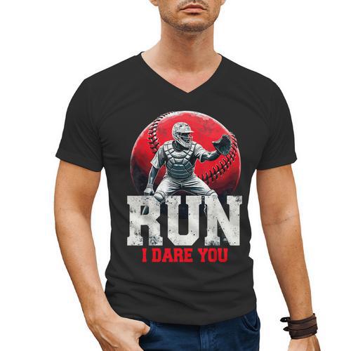 Run I Dare You Baseball Ball Player Catcher Coach Tee Men's V-Neck T-Shirt - Sportilla