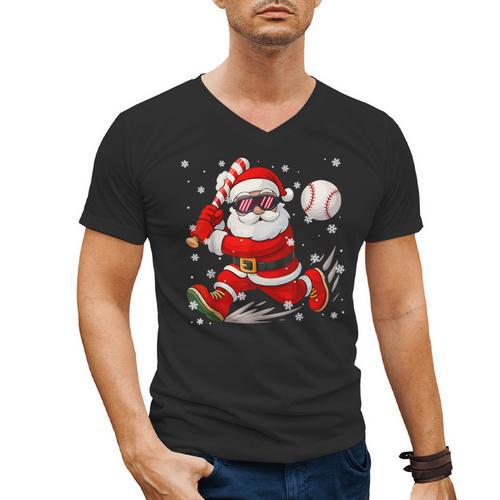 Santa Baseball Christmas Pajamas Xmas Men Boy Toddlers Men's V-Neck T-Shirt - Sportilla