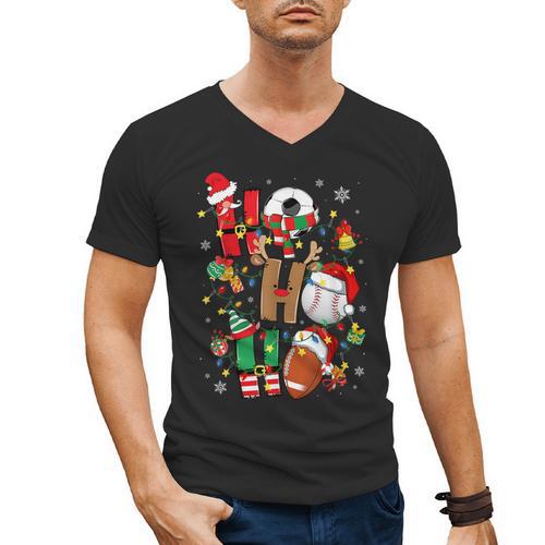 Santa Baseball Football Soccer Pajamas Ho Ho Christmas Xmas Men's V-Neck T-Shirt - Sportilla
