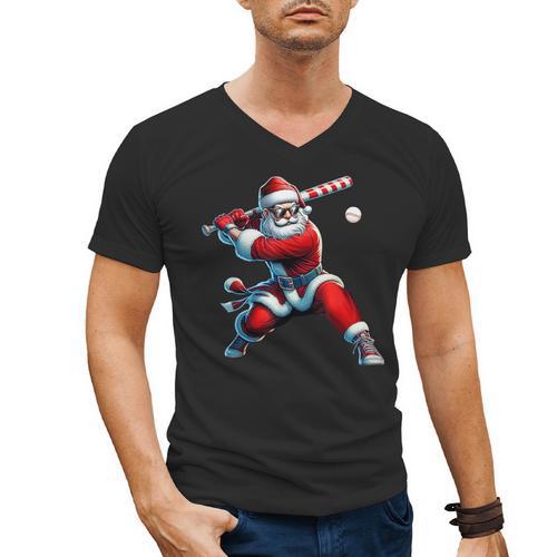 Santa Playing Baseball Men Boys Christmas Baseball Player Men's V-Neck T-Shirt - Sportilla