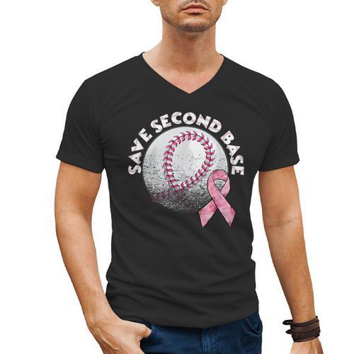 Save 2nd Base Breast Cancer Awareness Pink Ribbon Baseball Men's V-Neck T-Shirt - Sportilla