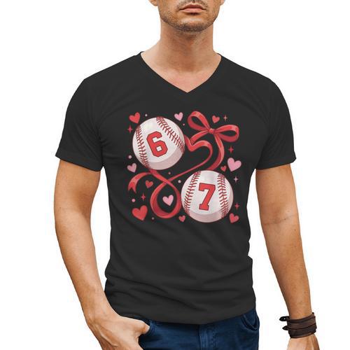 Six Seven Baseball Lover Sports Red Heart Bow Valentine Girl Men's V-Neck T-Shirt - Sportilla