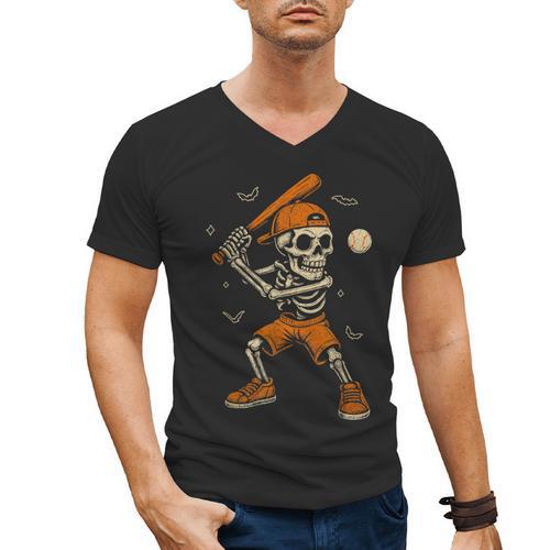 Skeleton Baseball Player Costume Halloween Men Boys Men's V-Neck T-Shirt - Sportilla