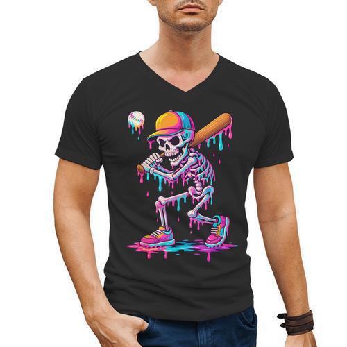 Skelton Playing Baseball Halloween Baseball Drip Boys Kids Men's V-Neck T-Shirt - Sportilla