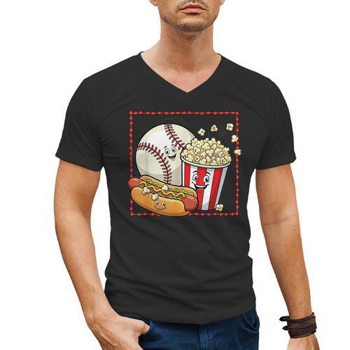 Smiling Baseball Popcorn And Hot-Dog Cartoon Apparel Men's V-Neck T-Shirt - Sportilla