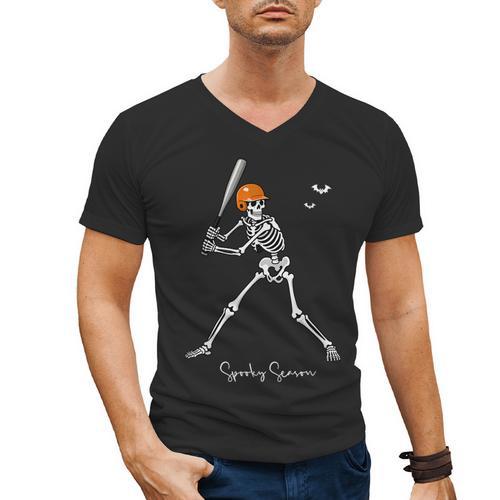 Spooky Season Skeleton Baseball Player Halloween Batter Men's V-Neck T-Shirt - Sportilla
